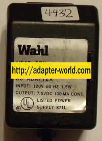 WAHL DHS-24,26,28,29,35 HEAT-SPY AC ADAPTER DC 7.5V 100mA